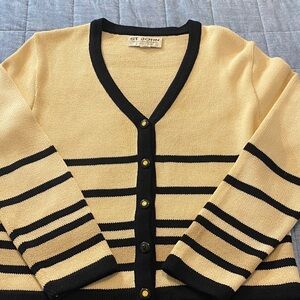 St. John Black and Cream Striped V-Neck Cardigan